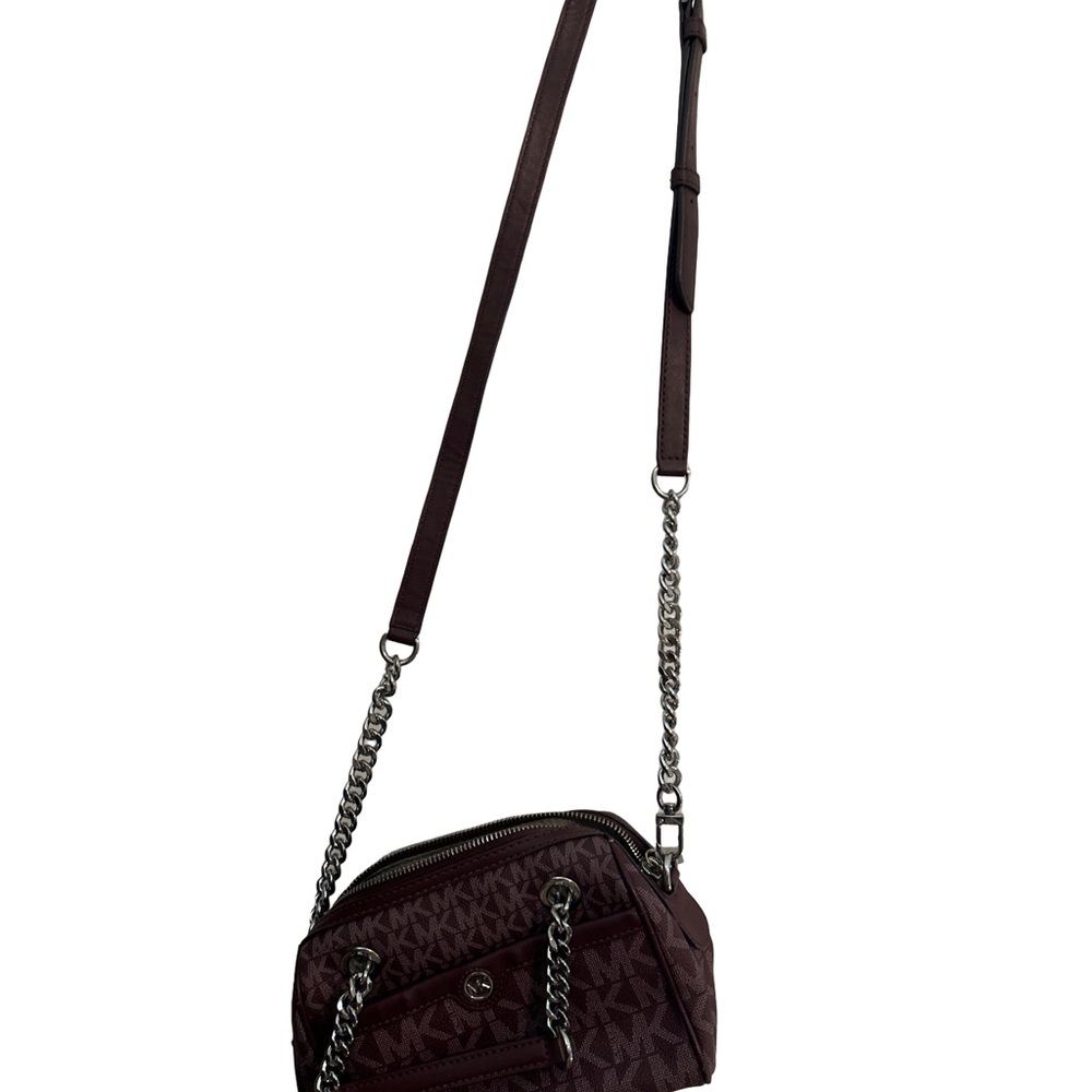 Michael Kors Mini Satchel Crossbody Bag Plum Berry MK Monogram Silver Chain Logo